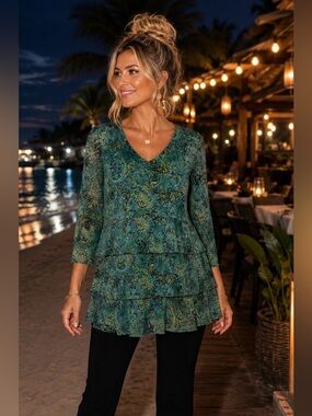 Venezia Blue Paisley Ruffle Tunic Top 14/16 | Boho Layered Mesh Stretch Blouse